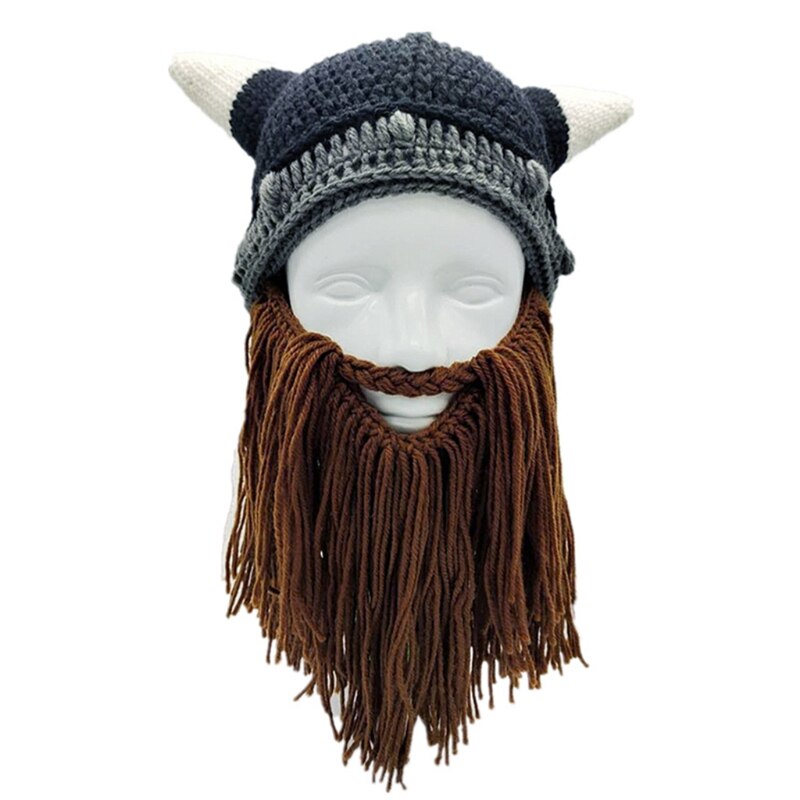 Funny Viking Beard Beanie Beard Hat Viking Horns Bearded Caps Parent-Child Knit Helmet Removable Thermal for Winter