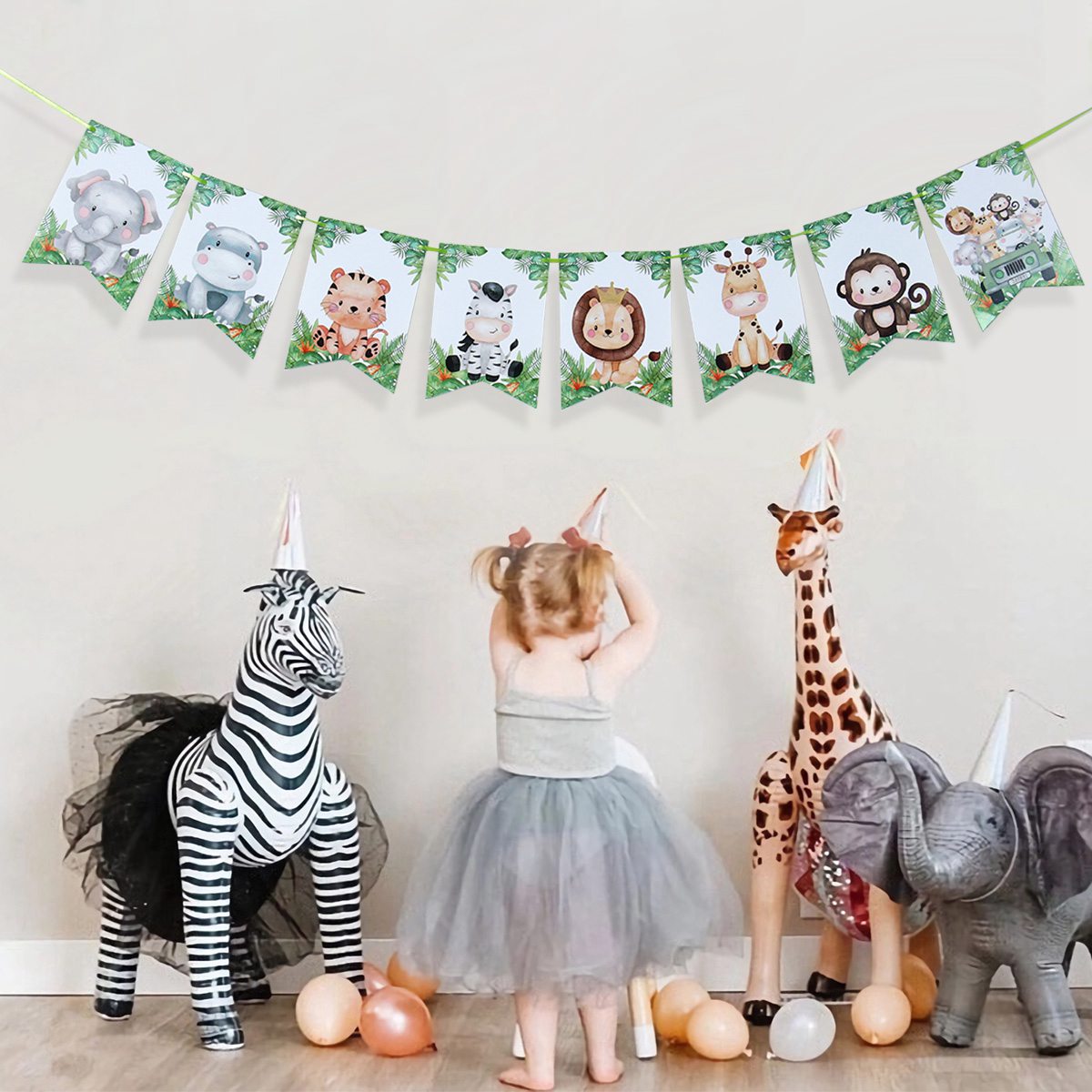 Jungle Party Backdrop Garland Zoo Safari Theme Lion Monkey Dinosaur Animal Bunting Garland Kids Birthday Decor Paper Banner
