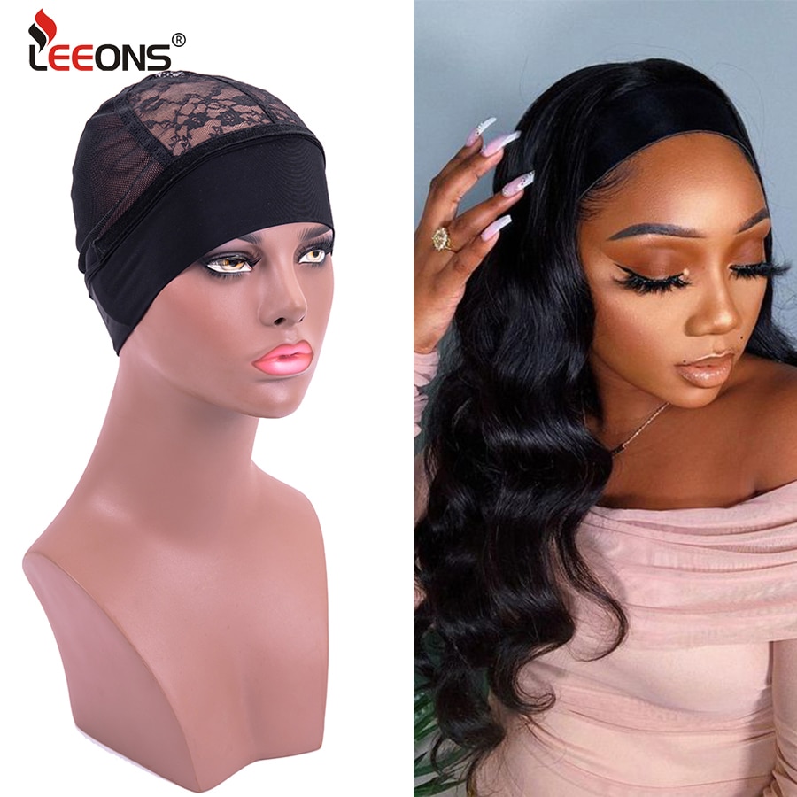 Leeons Headband Wig Cap For Making Wigs Weaving Cap With Lace Black Headband Wig Cap With Adjustable Velcro Wig Elastic Band Cap