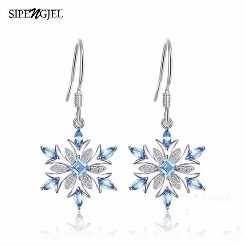 Trendy cubic zirconia sølvfarve snefnug jul øreringe luksus blå cz krystal øreringe til kvinder smykker