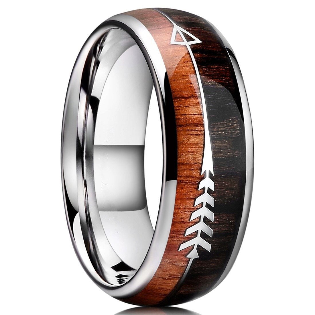 8mm Luxury Carbide Stainless Steel Rings for Women Wood Inlay Arrow Wedding Engagement Ring Men Party Jewelry