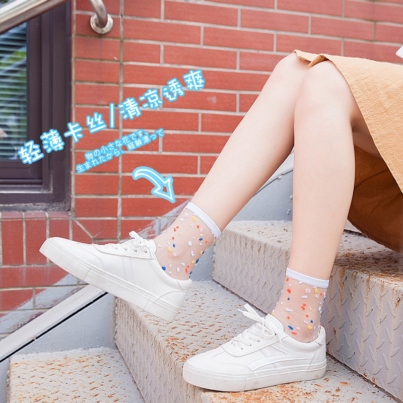 Spring Summer Ultra-thin Glass filament Socks Woman Printing Dots Korean Style Silk Socks Cute Stripe Transparent Socks