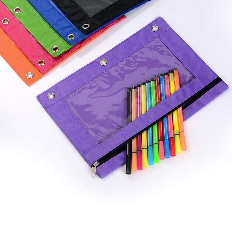 6 Stuks Ring Binder Pouch Potlood Zak Met Gaten 3-Ring Rits Zakjes Met Clear Window (6 Kleuren)