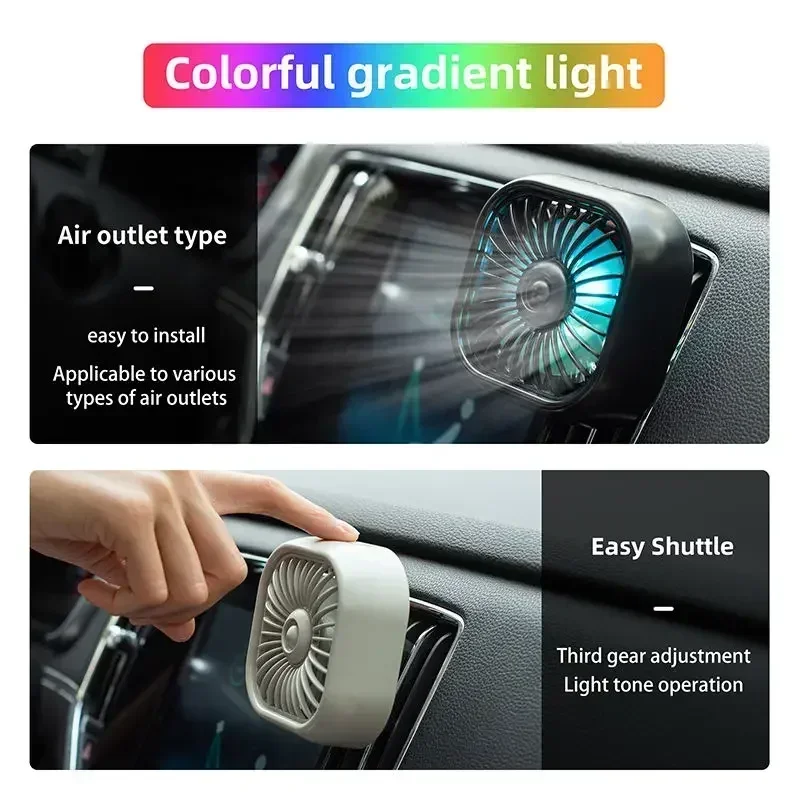 Mini ventilador de refrigeración para salida de aire de coche, luz LED colorida, ventilador con Clip USB de bajo ruido, salida de aire para coche de 3 velocidades, Mini aire acondicionado