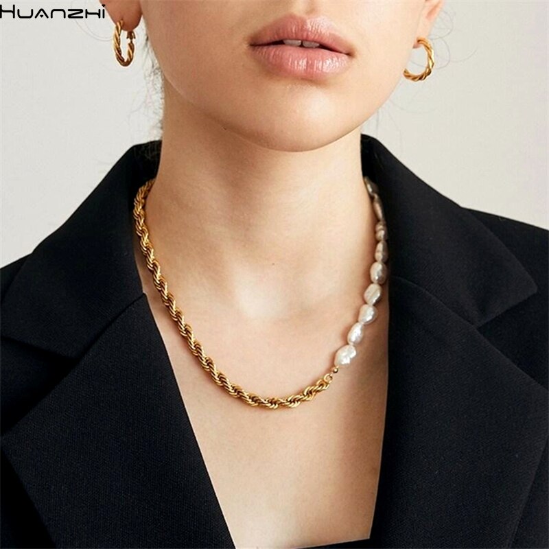 Huanzhi Natuurlijke Zoetwater Onregelmatige Parels Stiksels Gouden Twist Ketting Choker Ketting Voor Vrouwen Mode-sieraden