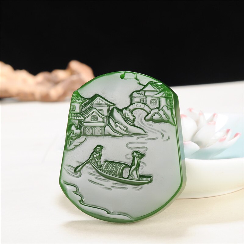 Chinese Natuurlijke Landschap Groene Jade Hanger Ketting Hand-Gesneden Charm Jadeïet Sieraden Mode Amulet Voor Mannen Vrouwen