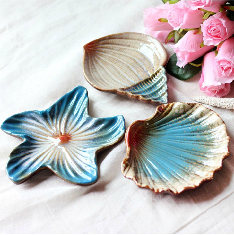 Ceramic Mediterranean Style seashells Starfish Conch Dish plates Soap Box Home decro Ornaments: 1set