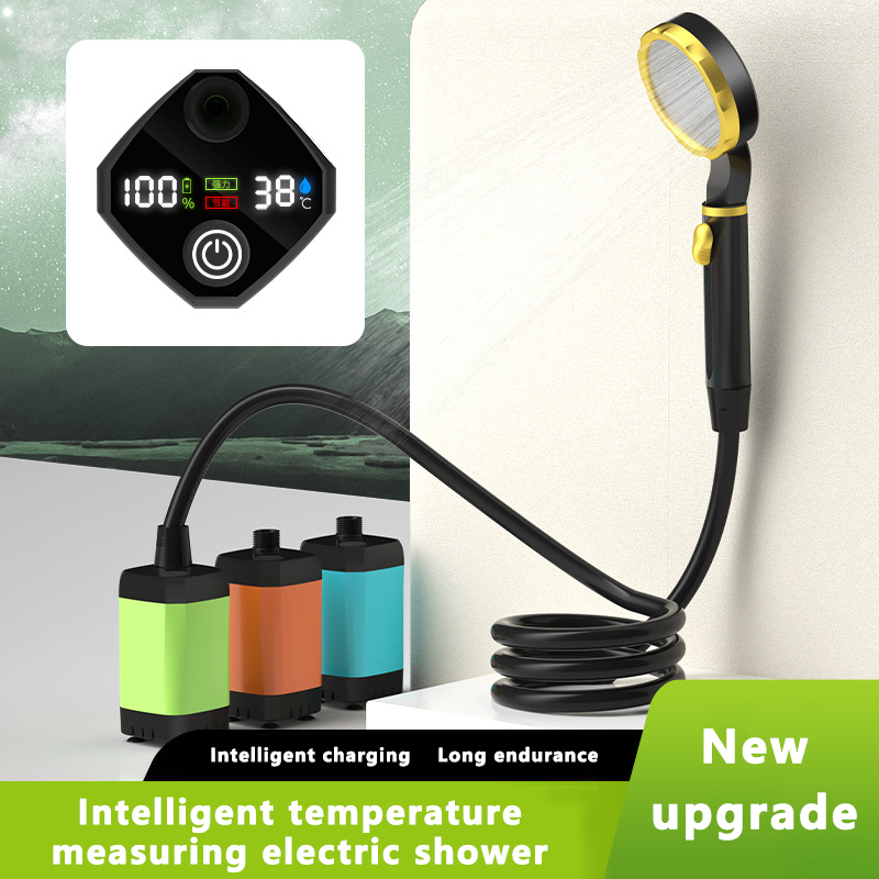 Bærbar campingtelt dusjpumpe rv utendørs dusjsett med fullskjerm intelligent digital skjerm justerbar 6000 mah dusjsett