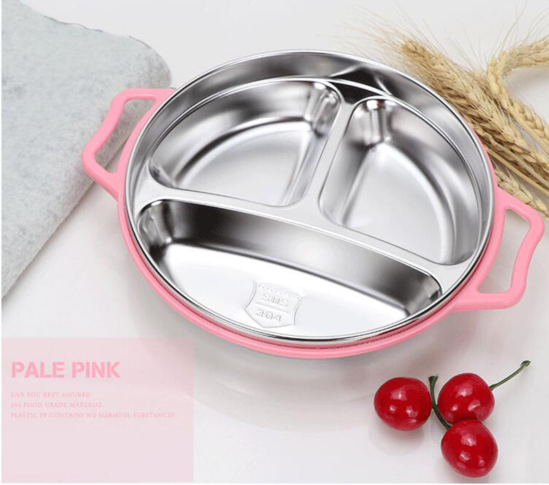 Stainless Steel Children Tableware Baby Dinner Plate Separation Training Plate Dinnerware Set Baby Feeding Bowl: Pink