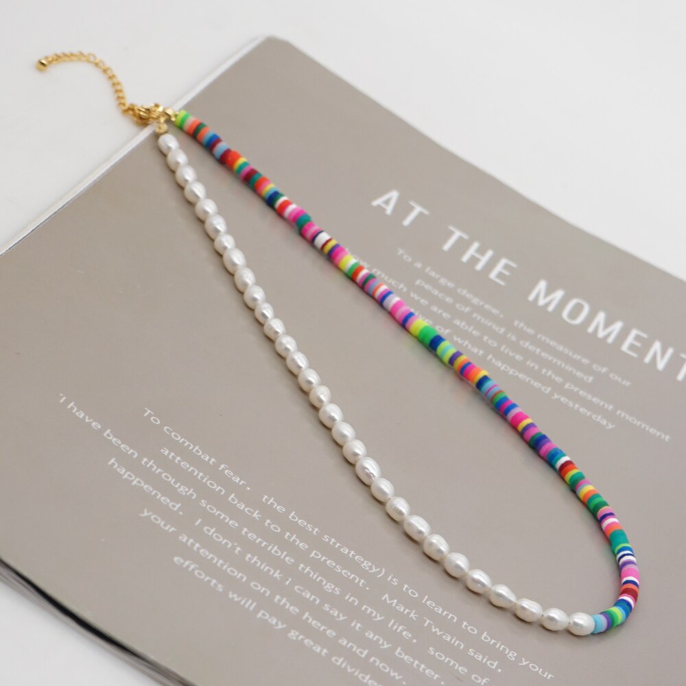 Go2 boho zoetwaterparels kettingen voor dames, sieraden van polymeerklei, heishi, 4mm kralen, handgemaakte choker, roestvrijstalen ketting