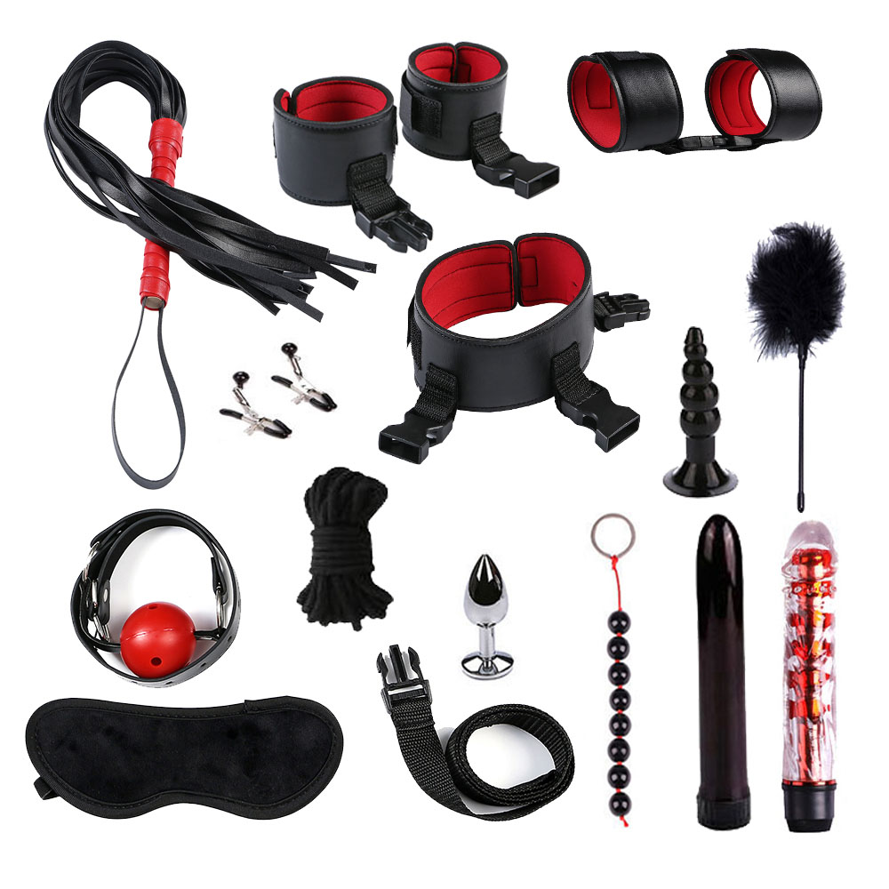 28 stks/set Vrouwen Mannen Speeltjes voor BDSM Spel Handboeien zweep touw Anale plug Mond plug Vibrator Erotische Accessoires Bondage set: red 14pcs