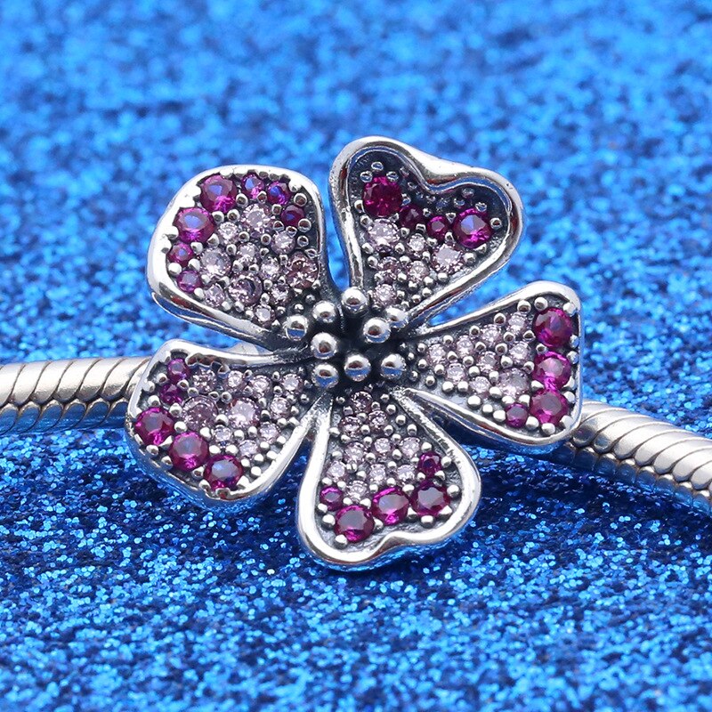 Véritable perle en argent Sterling 925 grande fleur de pêche fleur breloque Fit Pan femmes Bracelet et collier bijoux à bricoler soi-même
