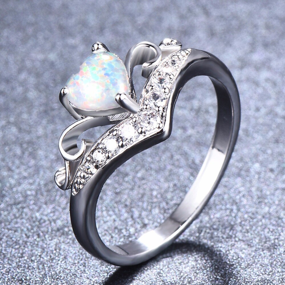 Luxury Women Sterling Silver 925 Crystal Wedding Rings White/Blue Fire Opal Heart Rings anillos