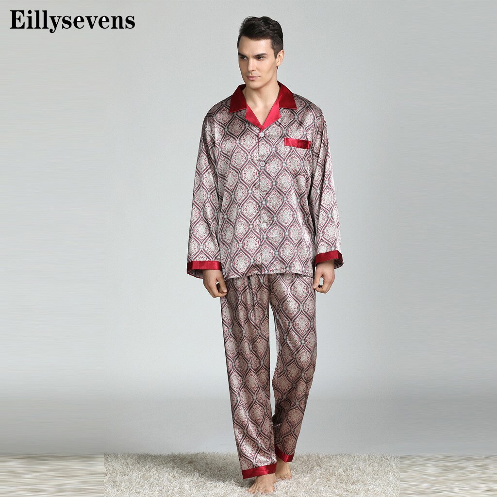 Men Silk Satin Pajama Sets Long Sleeve Sleepwear Set Two Pieces Pijama Pajamas Suit Male Breathable Pyjamas Loungewear#g3