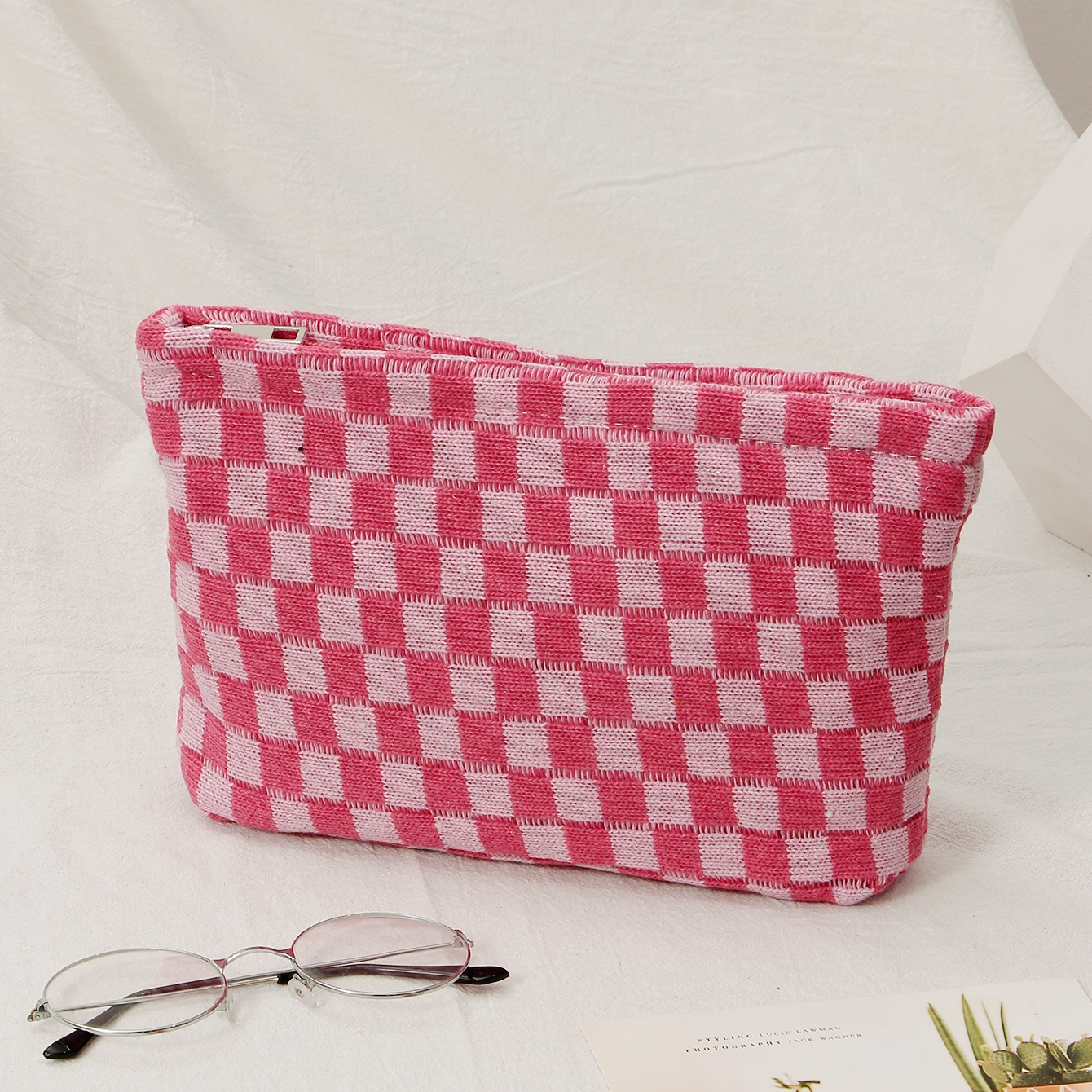 Checkerboard Cosmetic Bag Knitted Toiletry Storage Bag Colorful Makeup Pouch Organizer Checkered Pattern Cosmetic Bag: army green