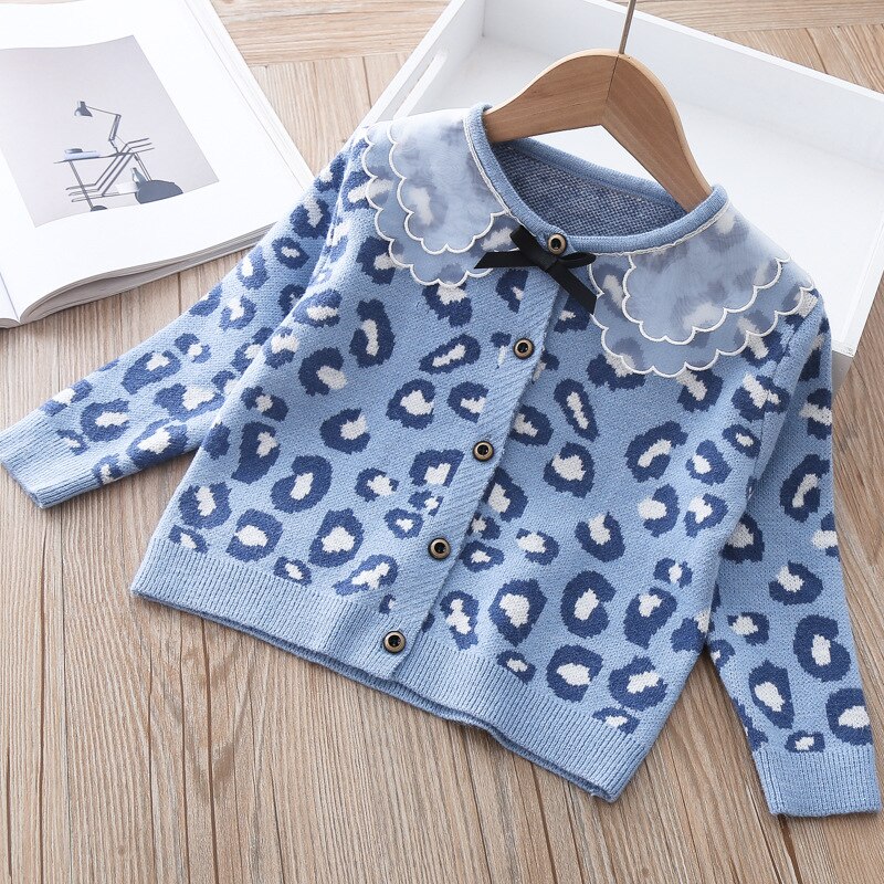 Del bambino Delle Ragazze del Cappotto di Modo di Autunno cardigan Del Leopardo Sveglio del lavorare a maglia Vestiti Dei Capretti Dei Bambini Giacca di Cotone Maglione di Lavoro A Maglia Dei Vestiti per La Ragazza: blu colore / 12m