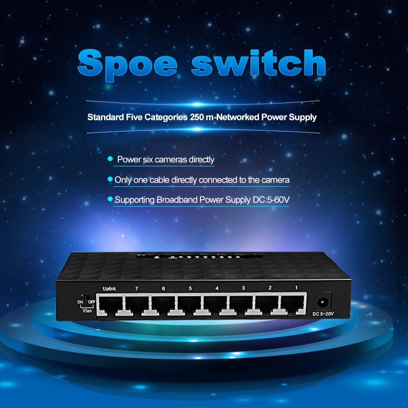 8 Port SPOE Switch Ethernet with 90W Power Adapter for Network IP Cameras Or Wireless AP/ 6 PoE Splitter suitable for CCTV 250M