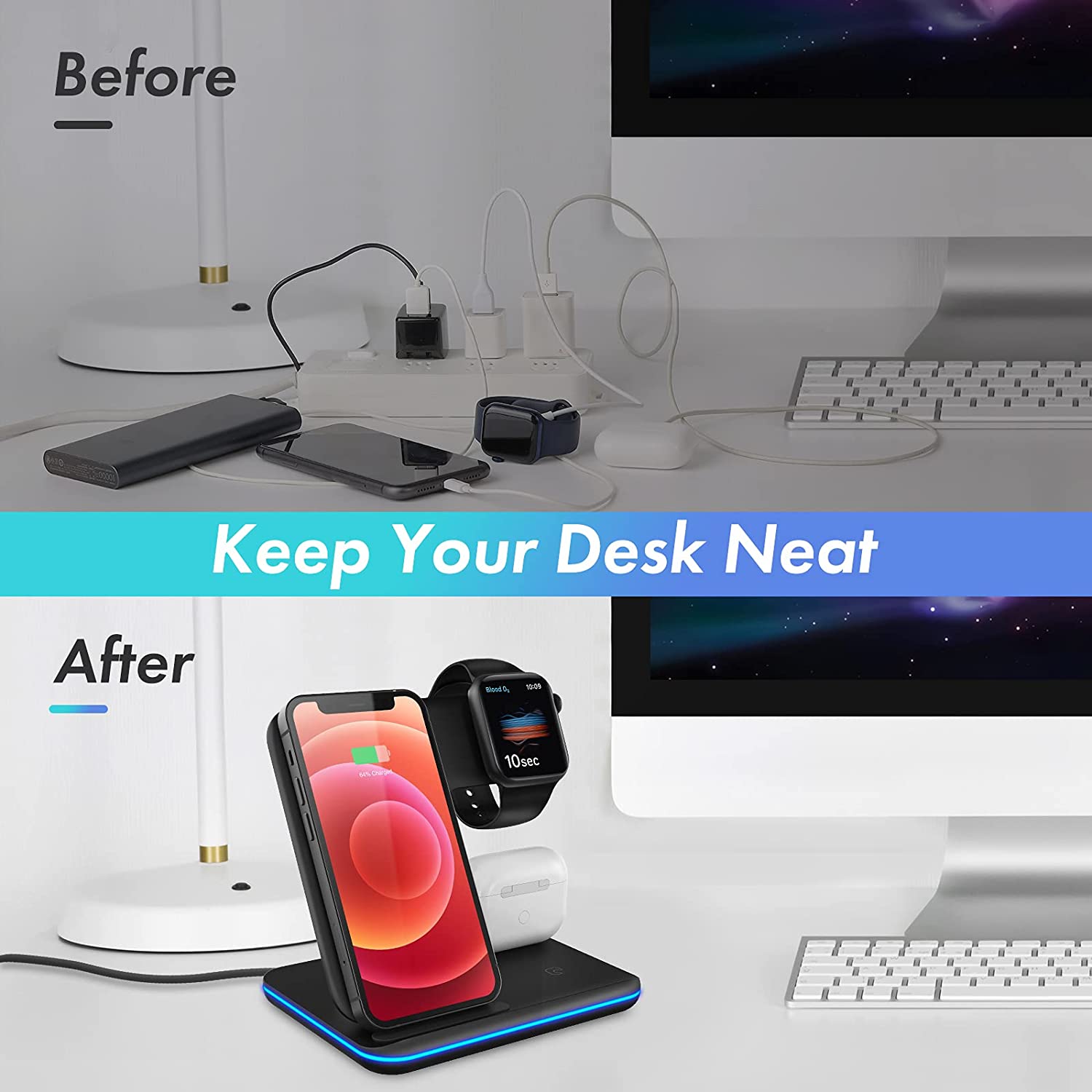 DCAE Qi Fast Wireless Charger Stand 3 in 1 Charging Station 15W Pad Dock for Apple Watch 7 AirPods Pro iPhone 13 12 11 XS XR X 8