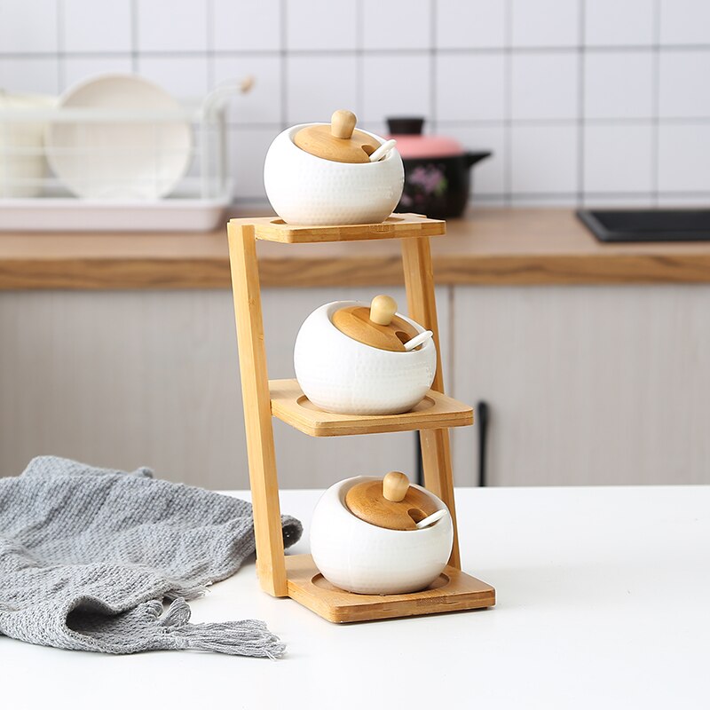 Trapetsformad bambu hylla glaskeramisk tenn krydda låda kruka murare burk lock behållare hemlig förvaring teburk pudding kopp
