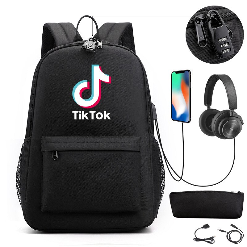 Tik Tok Rugzak Usb Charge School Rugzakken Jongens Meisjes Tik Tok Tieners Laptop Tassen 2 Stuks Reizen Rugzak Met Ketting