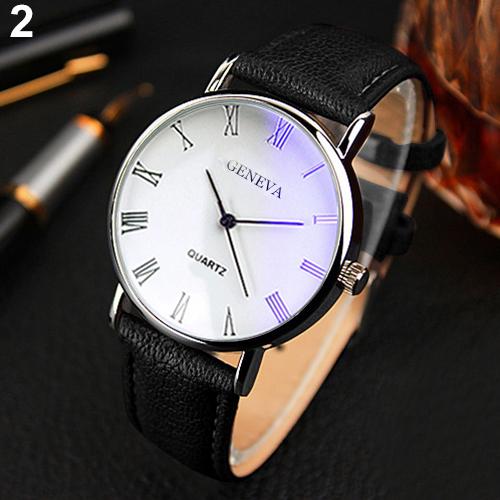 Männer Uhr Römischen Ziffern Blu-Strahl Faux Leder Band Quarz Analog Geschäft Armbanduhr: Schwarz Weiß