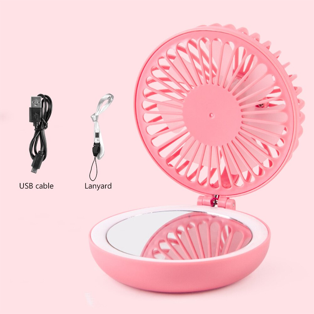 Przenośny wentylator USB 3 tryby prędkości z lusterkiem i światłem LED - Biały, Różowy, Niebieski: Różowy