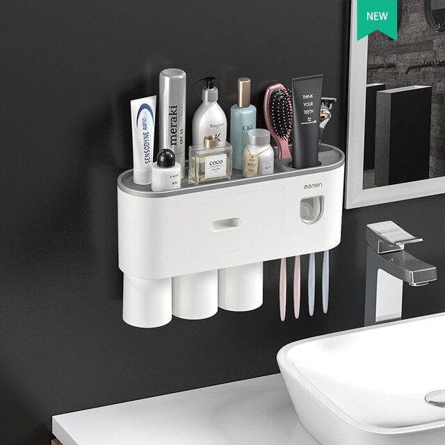 Magnetic Adsorption Inverted Toothbrush Holder Double Automatic Toothpaste Squeezer Dispenser Storage Rack Bathroom Accessories: 3 cups Gray