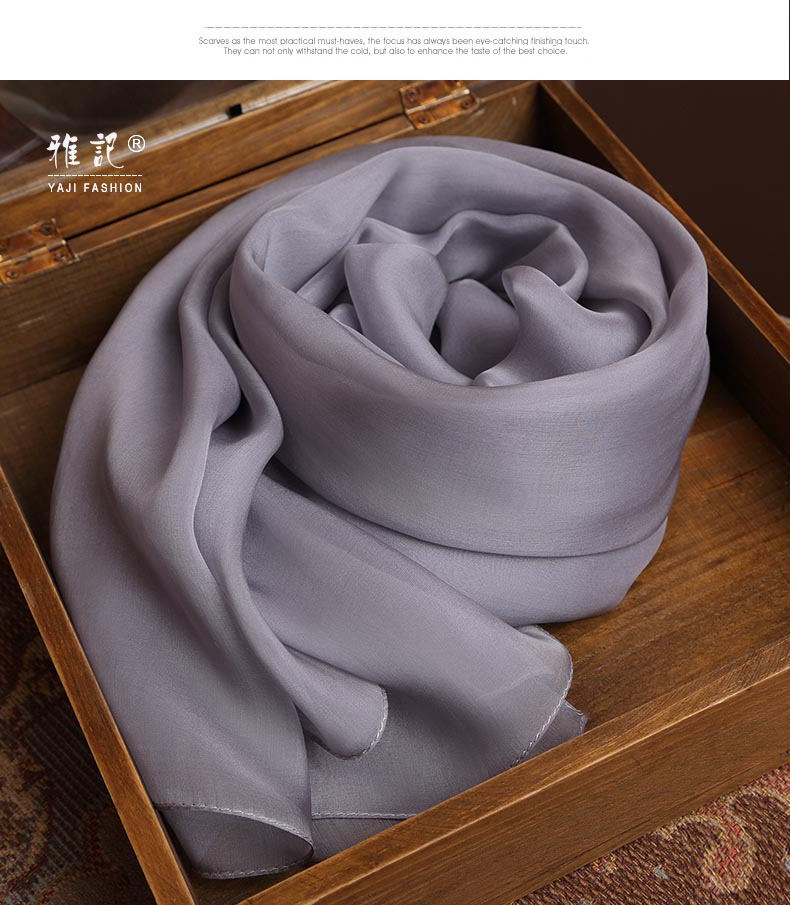 Pañuelo de seda auténtica gris para mujer talla grande suave longitud georgette seda bufanda señora color sólido Otoño Invierno Primavera Verano: 250-135cm