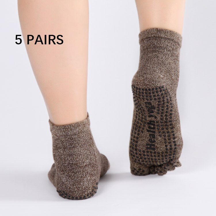 Ren bomuld herre yoga sokker ensfarvet skridsikker absorberer sved åndbar 5 tågreb pilates barre 5 par pr.: Kaki 5 par