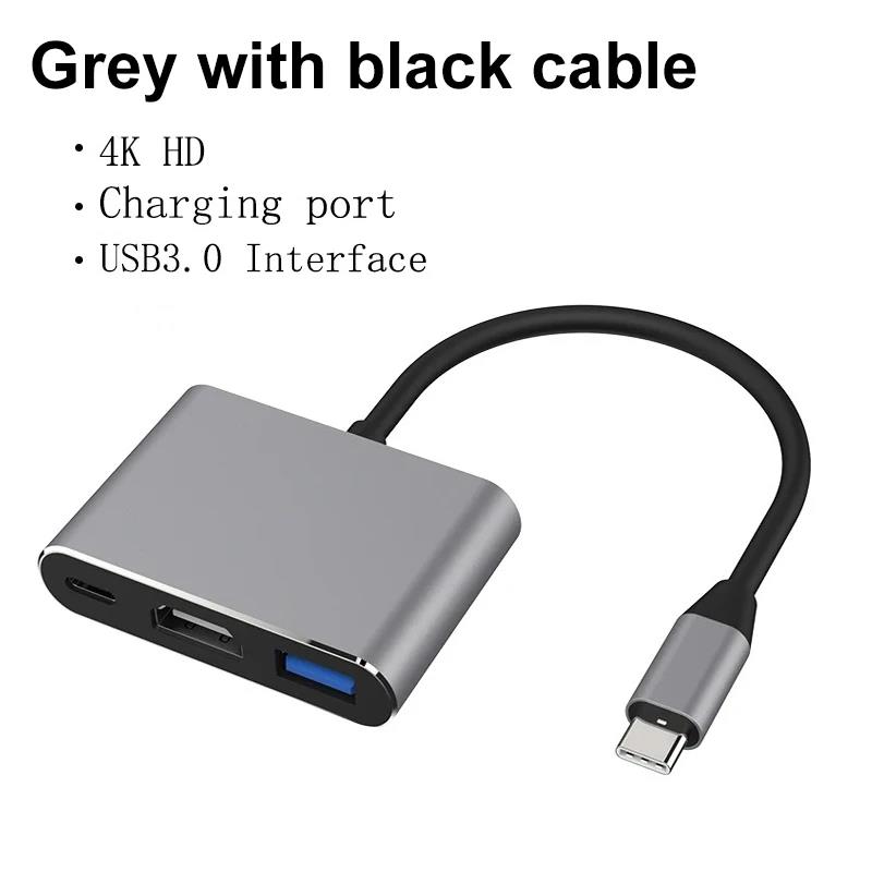 3 IN 1 Type C To HDTV + USB + USB-C Adapter Cable USB C To HDMI -compatible 4K USB-C Docking Station Adapter For Laptop Computer: black