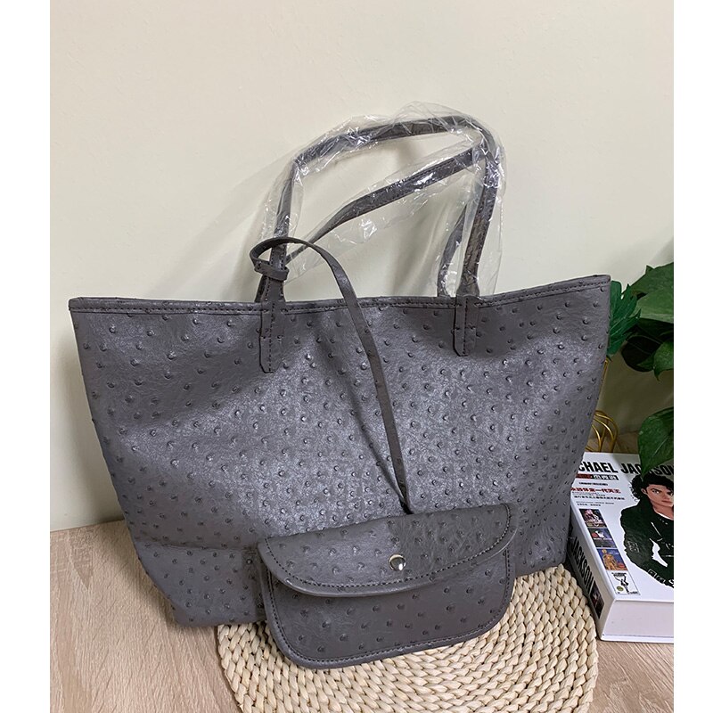 TOPHIGH Krokodil aufbringen Frauen Handtasche Strauß/Schlange Frauen Schulter Tasche Quaste Tote Große Kapazität Einkaufstaschen: Strauß grau