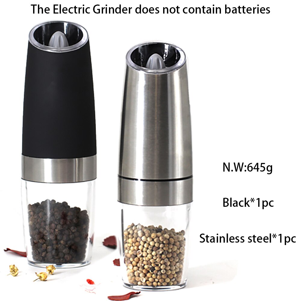 2Pcs Zwaartekracht Elektrische Zout En Peper Molen Automatische Pepermolen Led Licht Spice Kruid Batterij Keuken Gadgets Zwart En slive: 2pc Black and Sliver