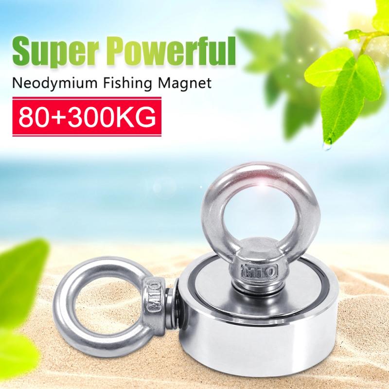 Double-sided Powerful Round Neodymium Magnet Hook Salvage Magnet Sea Fishing Equipments Holder With Ring And Rope