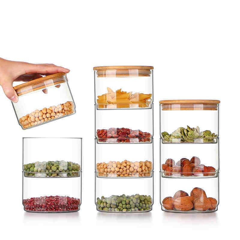 High Borosilicate Stackable Glass Storage Jars Tank Combination Bamboo Cover Classification Sealed Cans Kitchen Storage Bottle