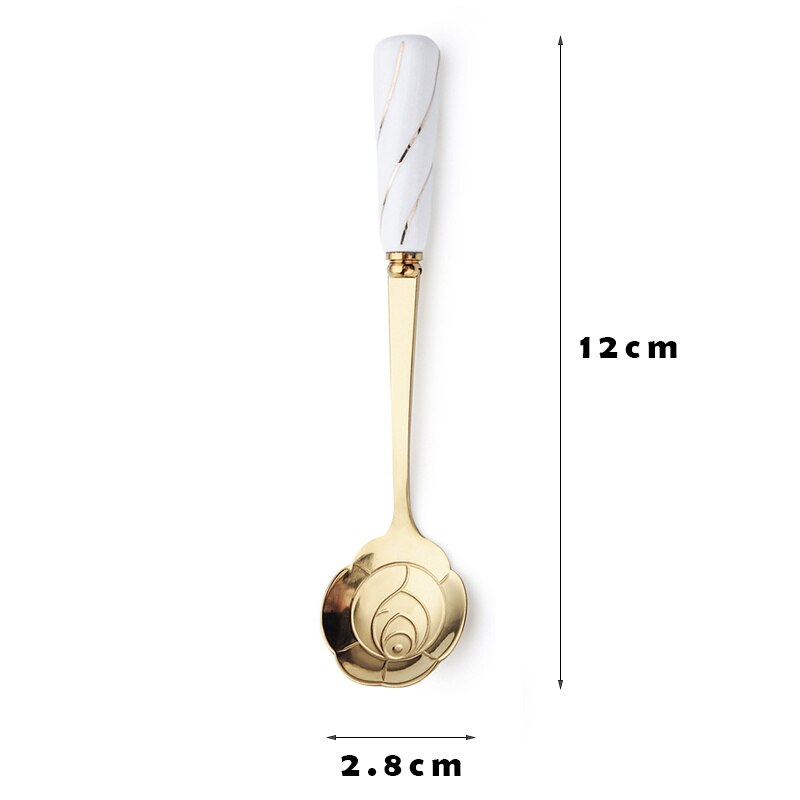 Mini Stainless Steel Dessert Spoon Ceramic handle flower Spoon Teaspoon Gold Coffee Cake Fruit Milk Spoon Kitchen Tableware