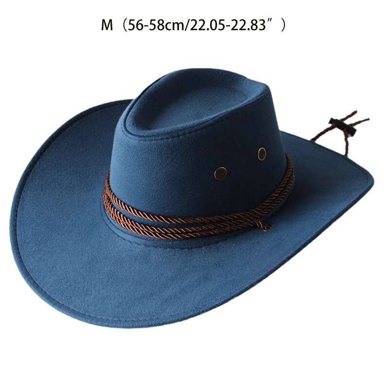 Unisex Western Cowboy Hat with Rope Men Women Retro Wide Brim Trendy Solid Color Jazz Hat Windproof Outdoor Sun Protection Cap