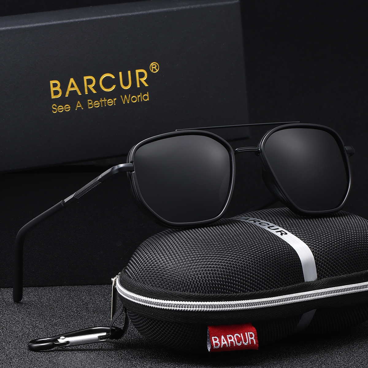 BARCUR Gafas de sol para hombre con montura poligonal, lentes TAC, de rayas gruesas y delicadas, gafas de sol polarizadas para conducir al aire libre UV400: Negro