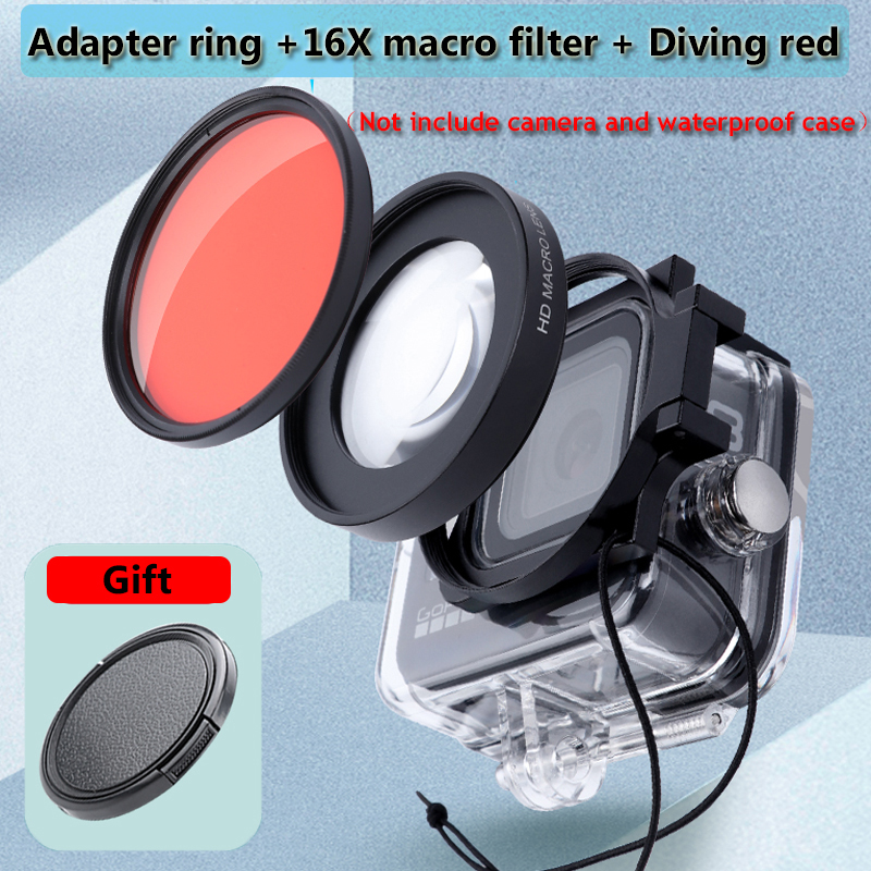 16X Macro Filter for Gopro 10/9/8 Black Original Waterproof Case Diving Red Purple Filter +Adapter Ring+Lens Cap for Gopro 10/9: D