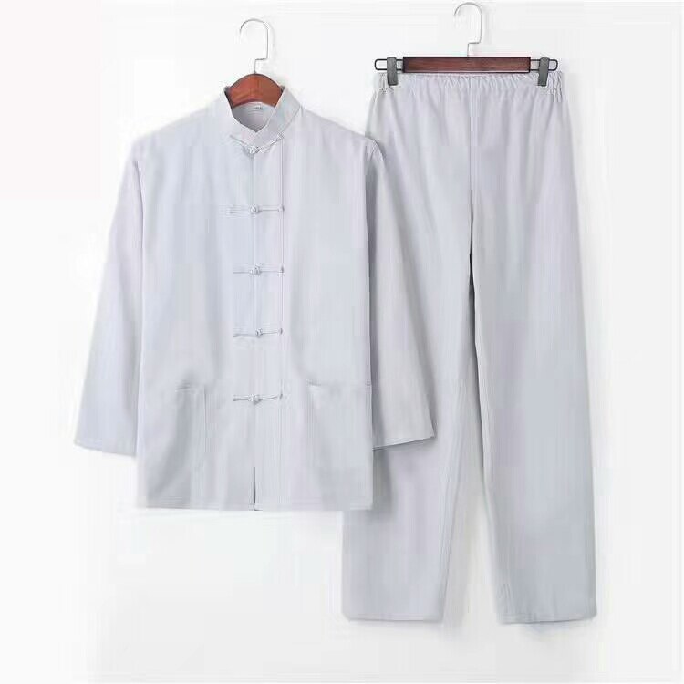 Mannen Effen Kung Fu Pak Chinese Traditionele Mannelijke 100% Katoen Losse Tai Chi Sets Jas + Lange Broek 2pc: light gray