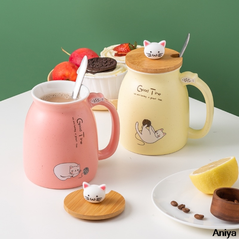 Cartoon Ceramics Cat Mug With Lid and Spoon Coffee Milk Tea Mugs Breakfast Cup Drinkware Heat-Resistant Mug Color
