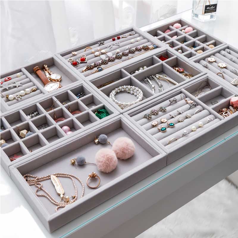 Caja de joyería artesanal hecha a mano, cajón organizador de almacenamiento de joyas de terciopelo suave gris, pendientes, collar, colgante, pulsera, bandeja, 9 opciones