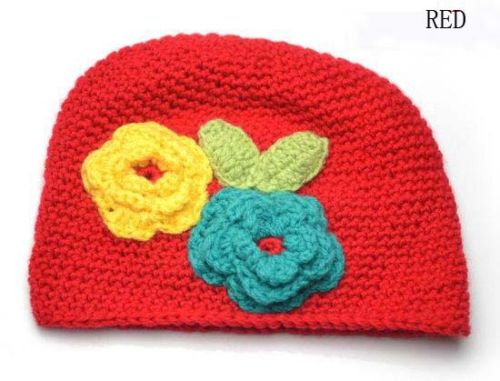 Crochet Handmade Wool Baby Kids Child Two Flower Cap Hat Cute WMZ-1007: Red