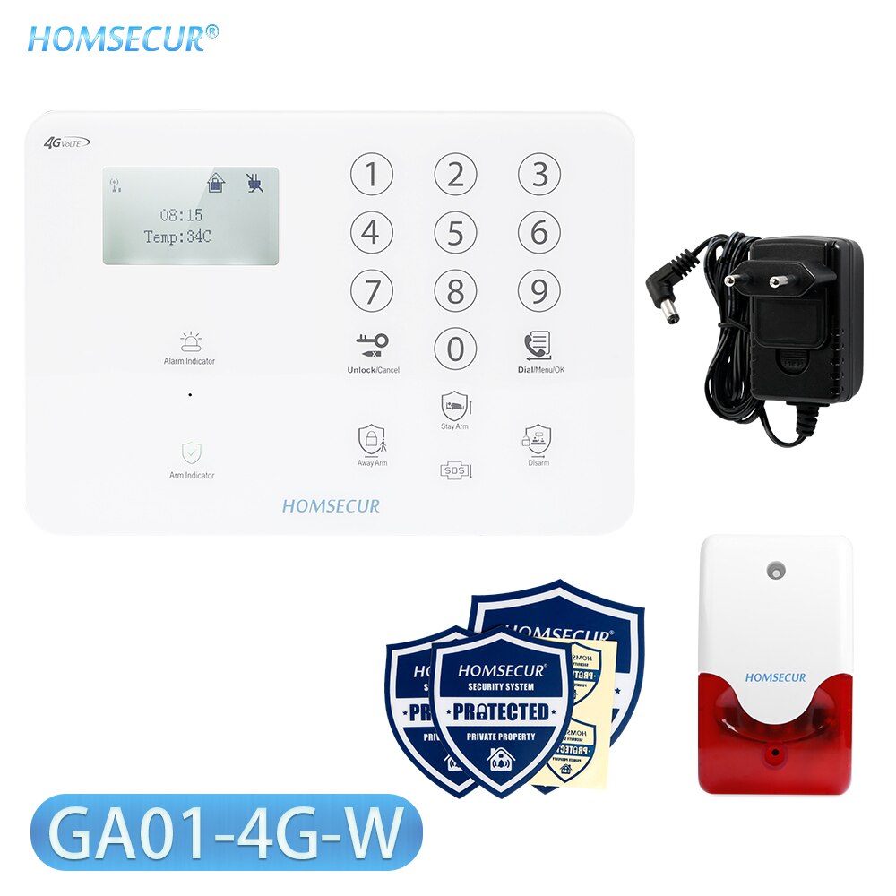 HOMSECUR DIY Wireless&wired 4G/GSM LCD Burglar Intruder Alarm System+IOS/Android APP for Home Security GA01-4G-B/W