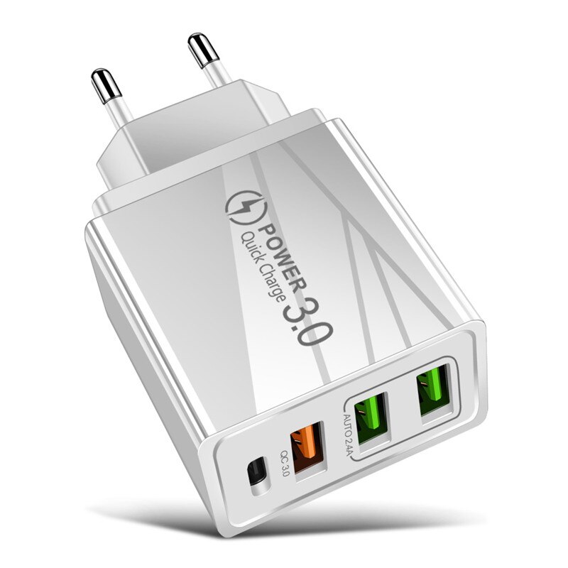 USLION 48W 4 Port Quick Charge PD 3.0 EU USB Charger Fast Charging US PD Mobile Phone Charger For iphone Samsung Xiaomi Huawei: White EU Plug