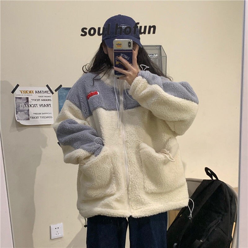Sudaderas con capucha de talla grande para mujer, ropa de calle holgada de , de estilo coreano, informal, con cremallera, estampado grueso, moderno y que combina con todo: blue / L