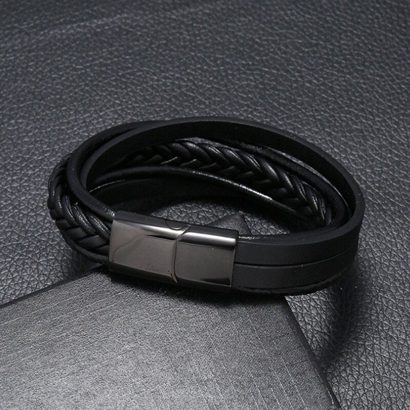 Classic Men's Leather Multilayer Woven Bracelet Men's Bracelet: black