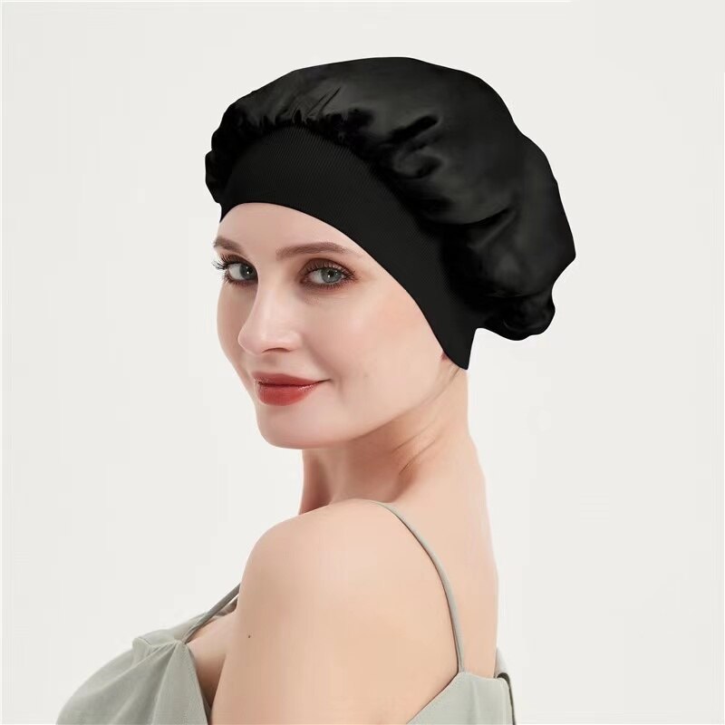 Style 100% Mulberry Silk Night Sleep Cap Elastic Women Shower Caps Big Bonnet For Lady Sleep Cap 19 Momme: Black