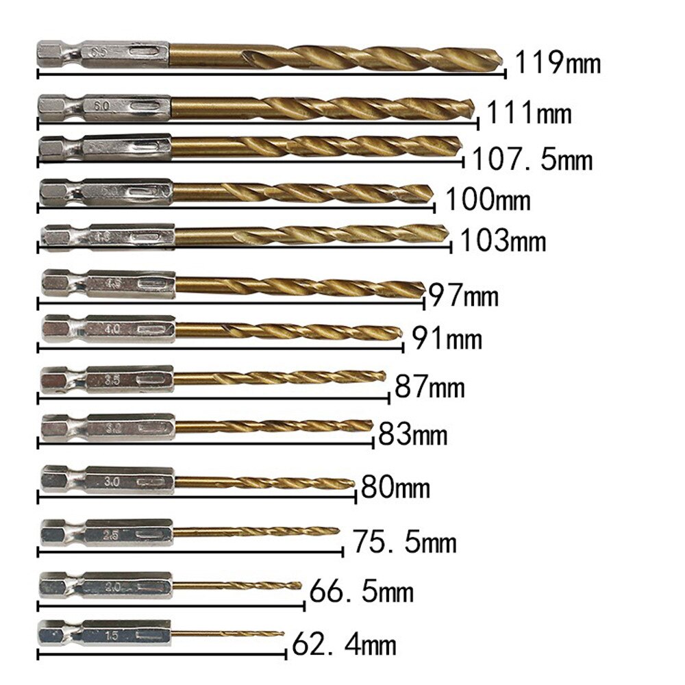 13pcs Hss Titanium Coated Drill High Speed Steel Drill Set For 1/1 Electric Drill Tool 1.5-6.5 Mm Hex Drill