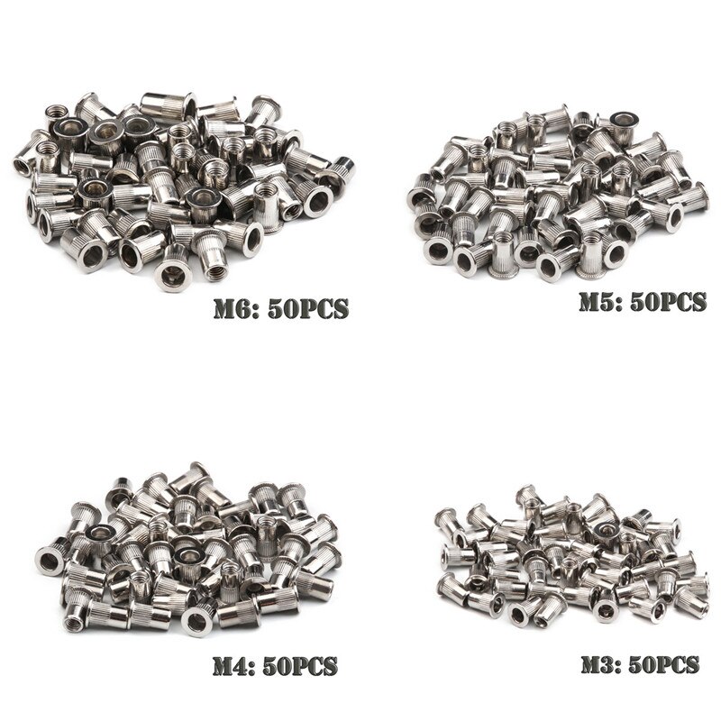 100PCS M3 M4 M5 M6 Stainless Steel Flat Head Rivet Nuts Set Insert Reveting Multi Size Stainless Steel Rivet Nut Set: 200PCS Mixed