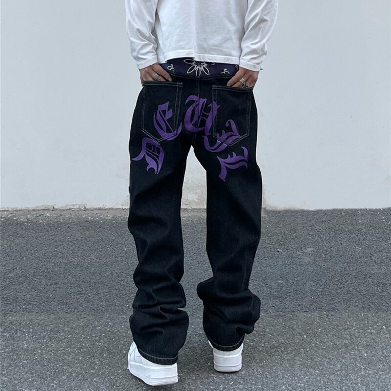 Gotiske bogstaver print jeans mænd hip hop patchwork streetwear oversized baggy jeans afslappede denim bukser løse vintage herre bukser
